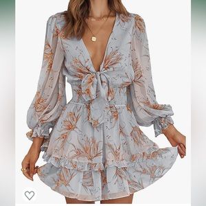 Knot front v-neck ruffled long sleeve mini dress